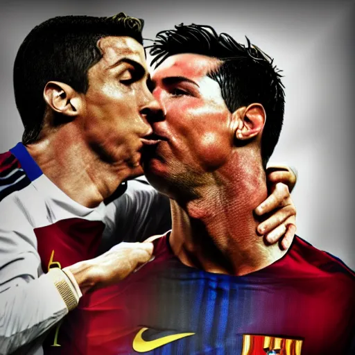 Prompt: Cristiano Ronaldo kissing lionel messi, hdri, photo of the year, trending on pixiv