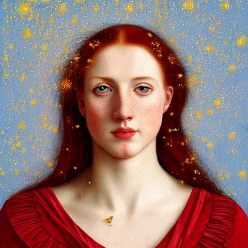 Prompt: full body portrait of a red haired woman, with long hair, green eyes, hint of freckles, beautiful round face, soft smile, among golden fireflies, highly detailed, deep focus, elegant, digital painting, smooth, sharp focus, golden ratio, dramatic illumination, ultra realistic, 8 k, art by artemisia lomi gentileschi and caravaggio