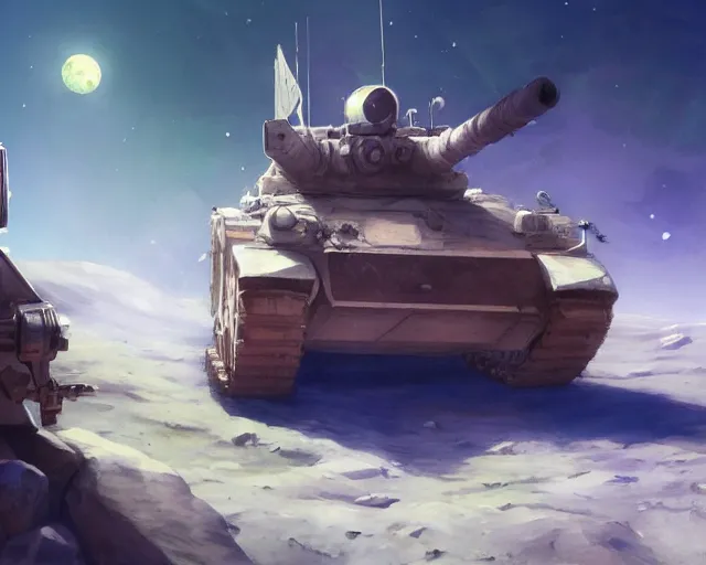 Image similar to a tank on the moon. By Makoto Shinkai, Stanley Artgerm Lau, WLOP, Rossdraws, James Jean, Andrei Riabovitchev, Marc Simonetti, krenz cushart, Sakimichan, trending on ArtStation, digital art.