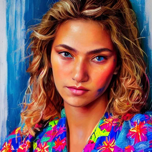 Image similar to stunning, breathtaking, awe - inspiring award - winning concept art portrait painting by steve mccurry of a beautiful young blonde latina woman with short, wavy hair, wearing a colorful yukata