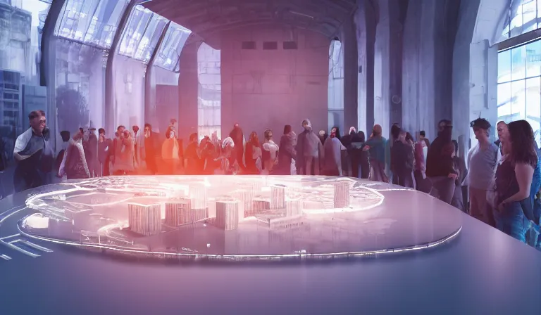 Image similar to group of people in simple white museum, looking at hologram of futuristic city on a table, cinematic concept art, godrays, golden hour, natural sunlight, 4 k, clear details, tabletop model buildings, center model buildings, hologram center, crane shot, crane shot, crane shot