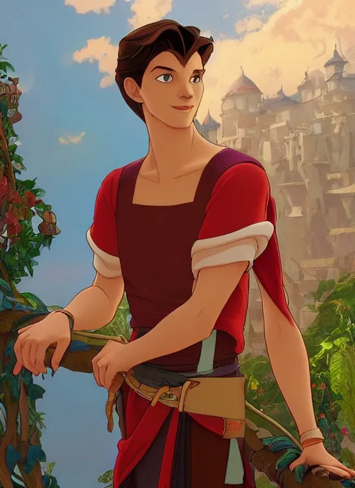 Image similar to skinny young tom holland as prince ali ababwa, iago perched nearby, natural lighting, path traced, highly detailed, high quality, beautiful digital painting, by don bluth and ross tran and studio ghibli and alphonse mucha, artgerm