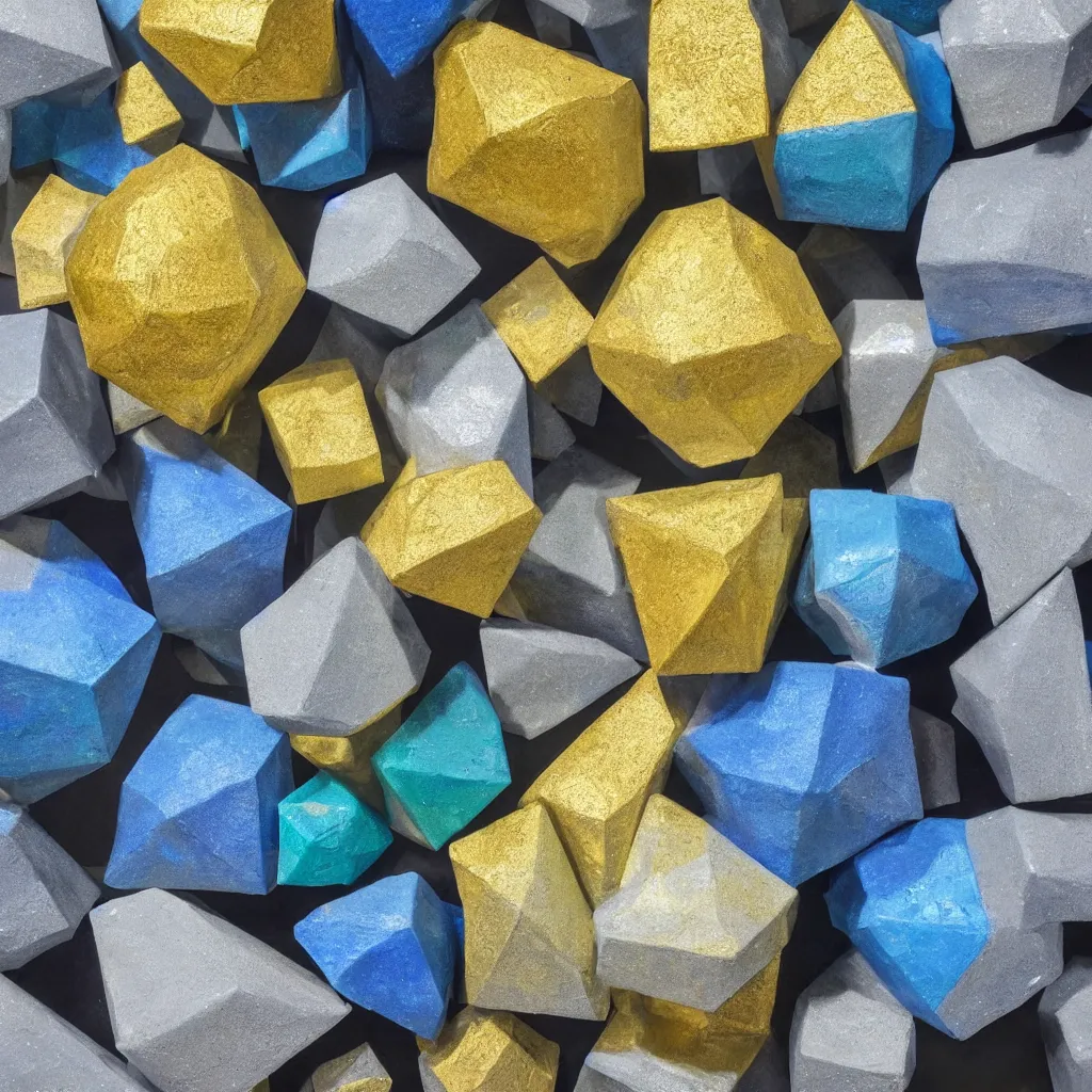 Image similar to 3 dimensional solid large globular geometric 3 d shapes made of solid impasto oil paint, with strong top right lighting creating shadows, each shape has a covering of sparkling golden pyrites cubes, colours cream and blue - grey