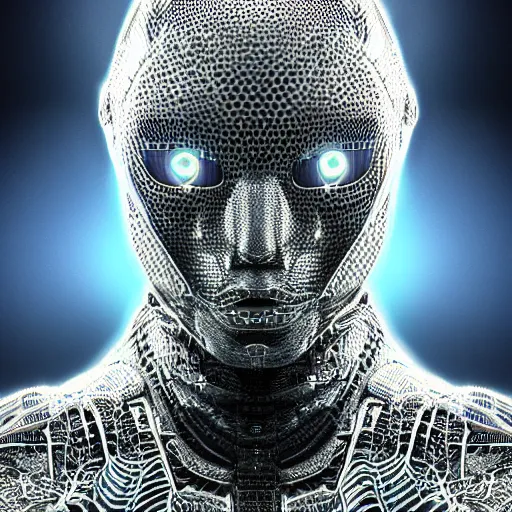 Image similar to an insanely detailed cibernetic artwork of a futuristic artificial intelligence superstar, extremely detailed water texture, centered image, perfectly symmetrical alien face, with frames made of detailed fractals, octane render, 4k, insanely detailed, detailed grid as background, photorealistic digital art, hyper realism, high detail, cgi