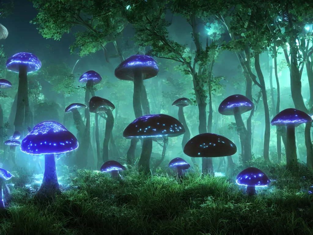 Image similar to many large bioluminescent mushrooms with glowing spores, unreal engine 5, uhd wallpaper 8k