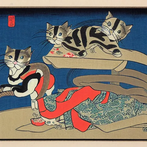 Image similar to masterpiece ukiyo-e painting of a cat parade at night