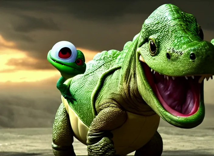 Image similar to film still of yoshi in the new sci - fi movie, cute upright dinosaur with a small turtle shell and long tongue, 8 k