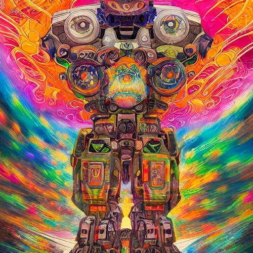 Image similar to An extremely psychedelic experience, colorful, surreal, mecha, LSD, face, jet turbine, tarot, detailed, intricate, elegant, highly detailed, super detailed, insane detailed, digital painting, concept art, smooth, sharp focus, octane render, illustration, art by josan gonzales, Krenz Cushar, Marco Plouffe, dan mumford, Artem Demura and alphonse mucha