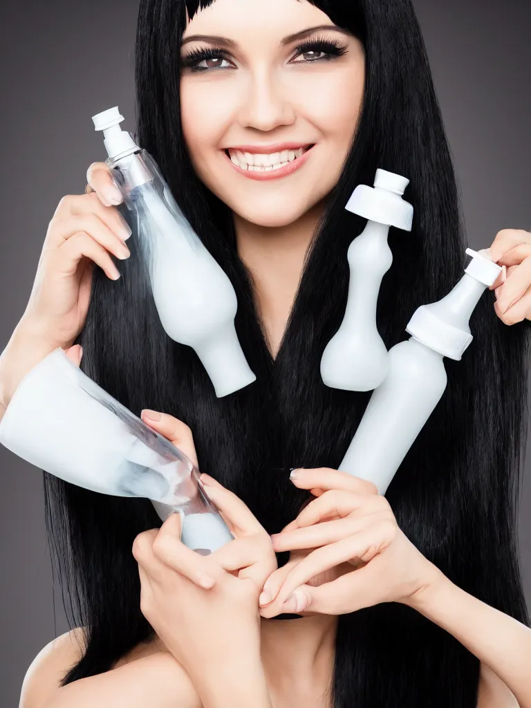 Prompt: woman with long black hair and bangs wearing a white shampoo bottle with logo as a dress