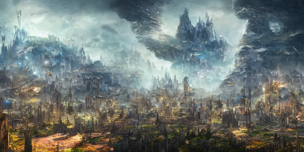 Image similar to City on planet Bird World, fantasy landscape concept, matte painting, concept art
