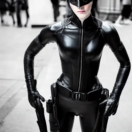 Prompt: Emma Watson as Catwoman, Fujifilm X-T3, 1/1250sec at f/2.8, ISO 160, 84mm, 8K, RAW, symmetrical balance, Dolby Vision