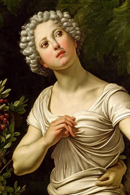 Image similar to renaissance painting of elder in the garden, closeup, short silver hair, a wise face, emotions closeup, dressed in roman armour, the beautiful garden with oak leaves everywhere, ultra detailed, art by Guido Reni style, Vincenzo Catena style