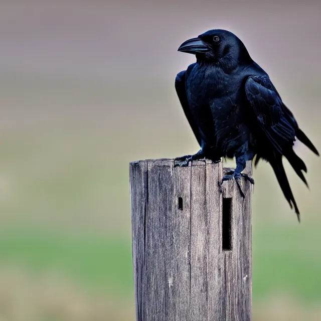 Prompt: a crow on a fence post, nature photography, wildlife photography canon, sony, nikon, olympus, 4 k, hd, 1 0 0 mm, depth of field