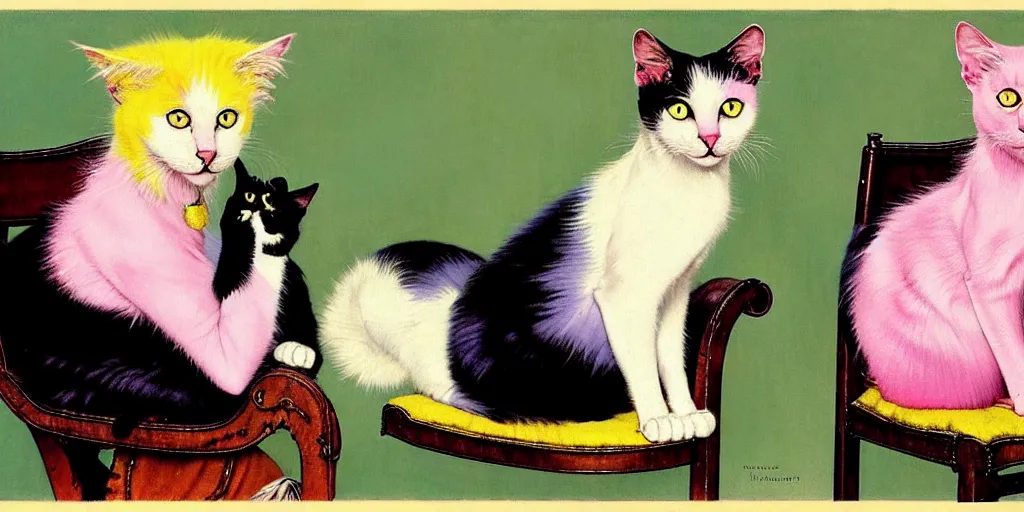 Prompt: two cats on an old armchair, blue and white hair, yellow and pink hair, style of norman rockwell