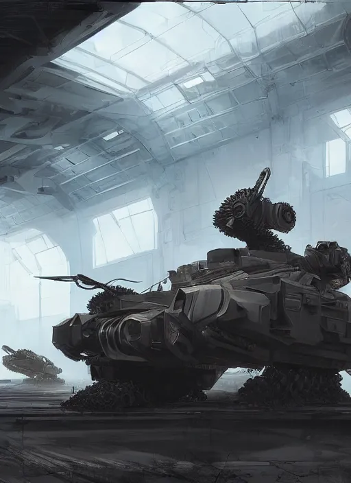 Image similar to mecha tank in a hangar, dramatic lighting, cinematic, establishing shot, extremely high detail, foto realistic, cinematic lighting, post processed, concept art, artstation, matte painting, style by eddie mendoza, raphael lacoste, alex ross