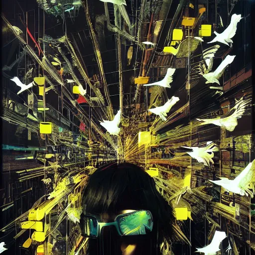 Image similar to a daydreaming hacker is surrounded by birds, neon virtual networks, and information visualization, oil on canvas by dave mckean and yoji shinkawa