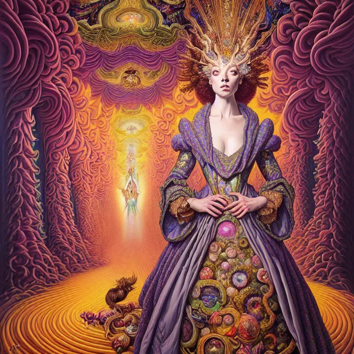 Image similar to beautiful oil painting, full length portrait of dauphinois in baroque coronation robes 1701, Dan Mumford, Dan Mumford, Alex grey, hyacinthe rigaurd, highly detailed , lsd visuals, dmt fractal patterns, hallucinogen, visionary art, psychedelic art, ornate, vaporwave, baroque, Greg rutkowski