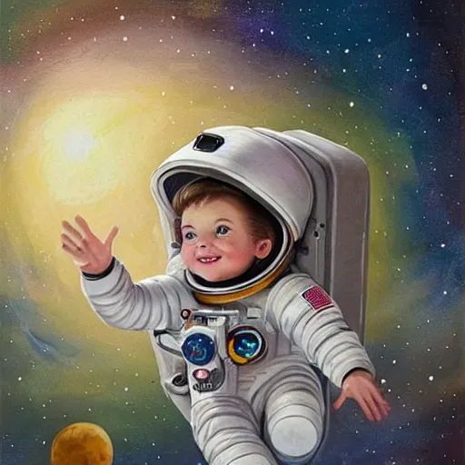 Image similar to a cute little girl with a round cherubic face, blue eyes, and short wavy light brown hair smiles as she floats in space with stars all around her. she is an astronaut, wearing a space suit. beautiful painting with highly detailed face by quentin blake and greg rutkowski