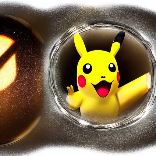 Image similar to happy pikachu with crackling lighting taking a selfie. fisheye lens