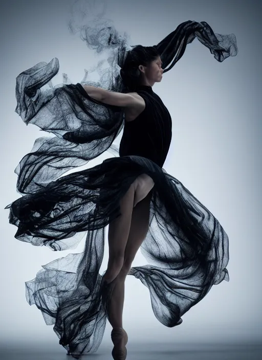 Image similar to a Photorealistic dramatic hyperrealistic render of a glamorous beautiful Female smoke dancer by Ken Brower and Deborah Ory of NYC Dance project,Lois Greenfield,Flowing cloth and smoke,Beautiful dynamic dramatic dark moody lighting,volumetric,shadows,cinematic atmosphere,Octane render,8K