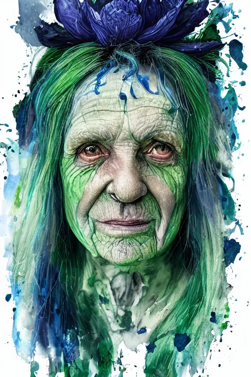 Image similar to portrait of a old person with aquarelle painted skin. close up, very dark blue-green hair, luminous eyes, dark flower pattern wallpaper background, high detail, by Eddie Mendoza