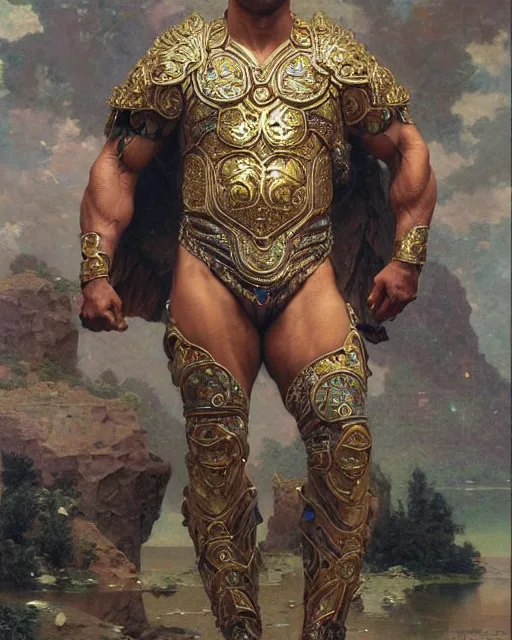 Prompt: Dwayne Johnson, dressed in ornate, detailed, intricate iridescent opal armor, detailed oil painting by William Adolphe Bouguereau and Donato Giancola