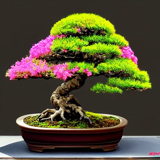 Prompt: bonsai tree with colorful flowers and leaves detailed oil painting 4 k