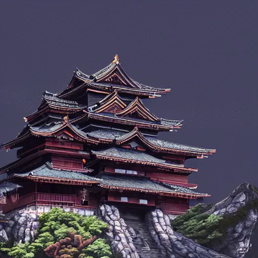 Prompt: A highly detailed matte painting of a large japanese castle, dark and wooden, in the mountains with volumetric fog, with matsu pine trees, by Studio Ghibli, Makoto Shinkai, by Artgerm, by beeple, volumetric lighting, octane render, 4K resolution, trending on artstation