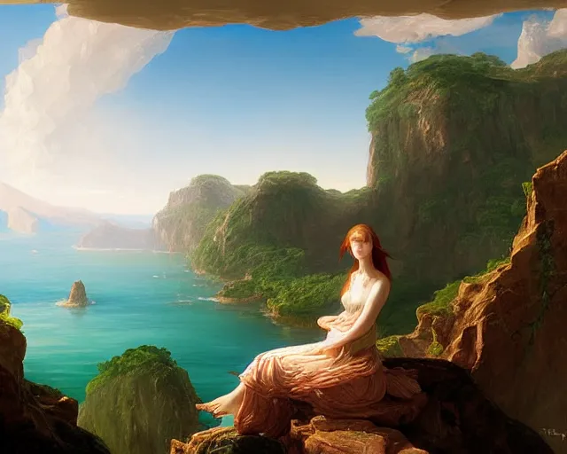 Image similar to a painting of a woman sitting on a rock overlooking an island, a digital painting by thomas cole, cgsociety, metaphysical painting, 2 d game art, storybook illustration, detailed painting