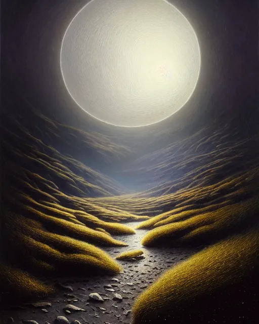 Prompt: a hyper - detailed 3 d render like an oil painting of the moonlit, northern path to the sunlit valley, surrealism!!!!! surreal concept art, lifelike, photorealistic, digital painting, aesthetic, smooth, sharp focus, artstation hd, by greg rutkowski, bruce pennington, valentina remenar, rhads, asher duran,