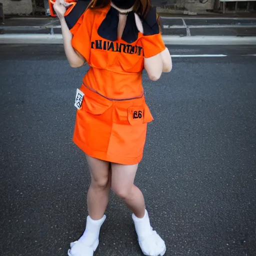 Prompt: photography cute chick dressed as an inmate