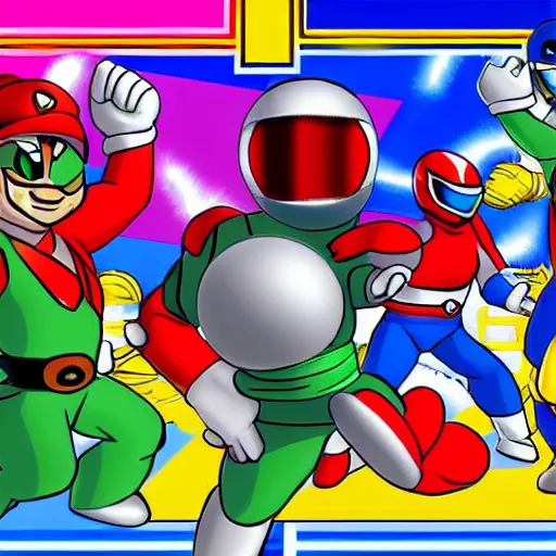 Image similar to power rangers fighting super mario