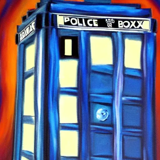 Image similar to oil painting of the tardis from dr who flying through space. beautiful. space. police box