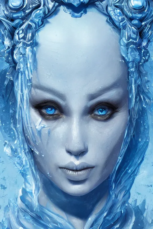 Image similar to Fantasy character portrait of distorted detailed painting of a queen woman made of ice, blue hues, ice blue, icy, hyper detailed, trending on Artstation