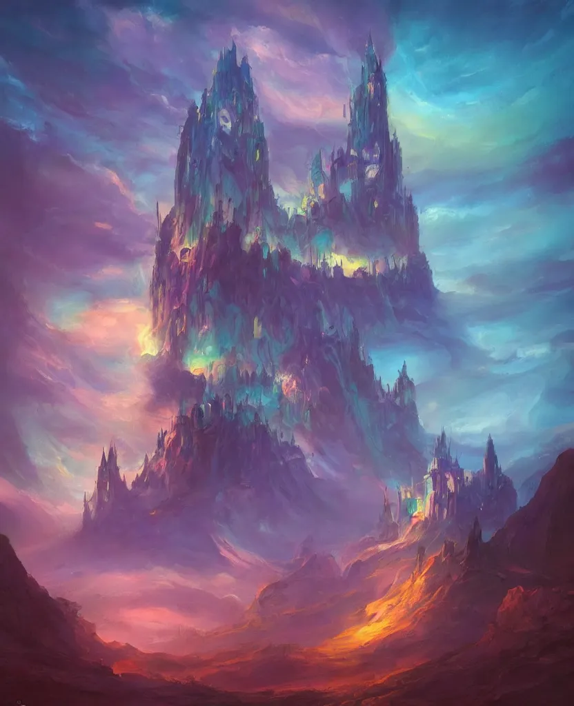 Image similar to “ a painting in the style of magic the gathering of an ancient tower, it is a glowing fortress and has iridescent mana radiating from it into the aether. it is centered. the background is the sky at night. retrofuturistic fantasy ”