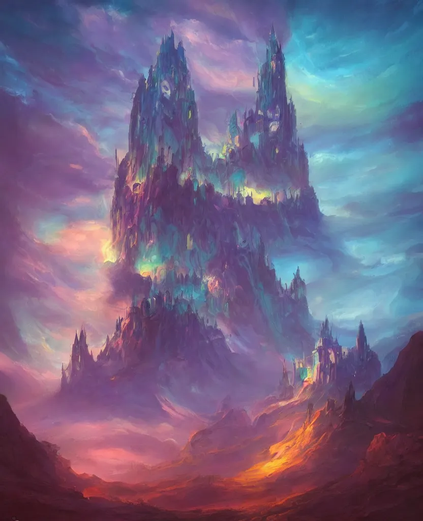 Prompt: “ a painting in the style of magic the gathering of an ancient tower, it is a glowing fortress and has iridescent mana radiating from it into the aether. it is centered. the background is the sky at night. retrofuturistic fantasy ”