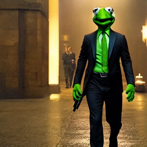 Image similar to Kermit the Frog as John Wick in a still from the film John Wick (2014)