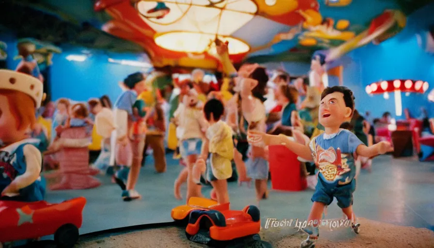 Prompt: 1990s candid 35mm photo of a beautiful day in the living room, cinematic lighting, cinematic look, golden hour, a miniature amusement park in the living room, kids dance and point at the roller coaster in the living room, small mascots run around the room, UHD