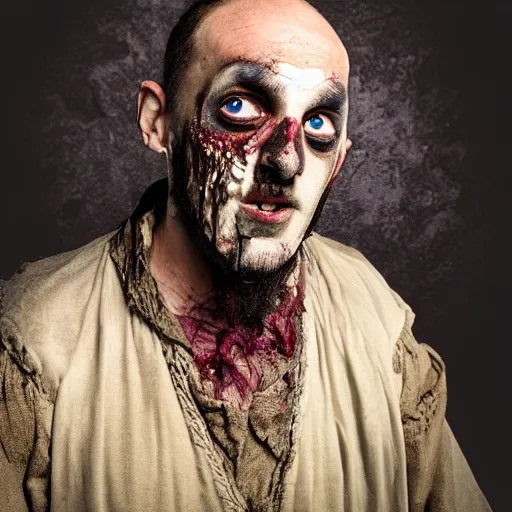 Image similar to head and shoulders photo portrait of a male medieval villager zombie, d & d