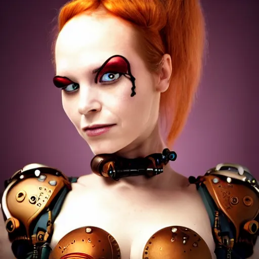 Prompt: close - up portrait of a beautiful female steampunk android in the style of ex the fifth element