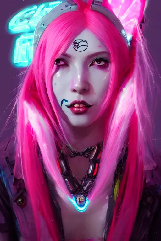 Image similar to jinx from league of legends, long pink hair, cyberpunk futuristic neon. decorated with traditional japanese ornaments by ismail inceoglu dragan bibin hans thoma greg rutkowski alexandros pyromallis nekro rene maritte illustrated, perfect face, fine details, realistic shaded, fine - face, pretty face