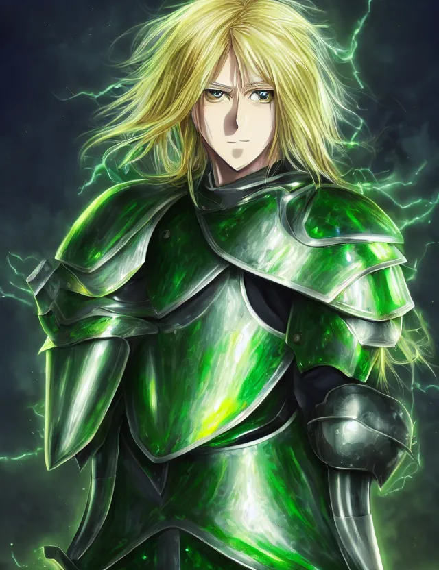 Image similar to an anime portrait of a long haired blonde man with blue eyes in green plate armour glowing with green energy, trending on artstation, digital art, 4 k resolution, detailed, high quality, sharp focus, hq artwork, coherent, insane detail