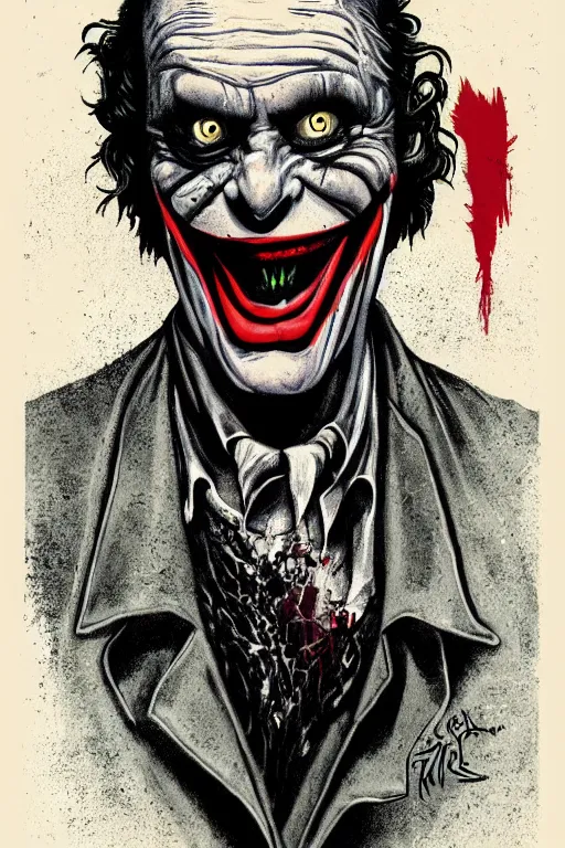 Image similar to John Noble as the Joker on a 1970s horror movie poster , vintage 70s print, detailed, scary, horror, screen print, trending on artstation