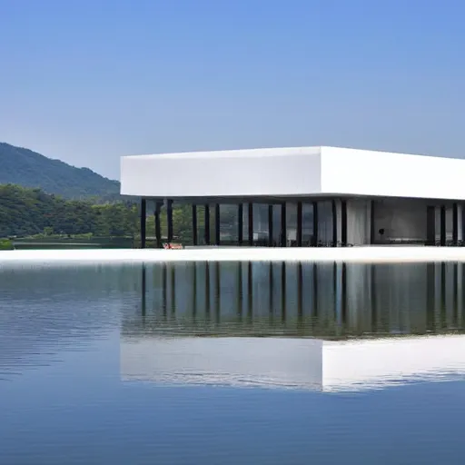 Prompt: a beautiful white art museum building in the shape of a cloud on the surface of the lake. the interior is luminous. it was created by tadao ando and yoshima