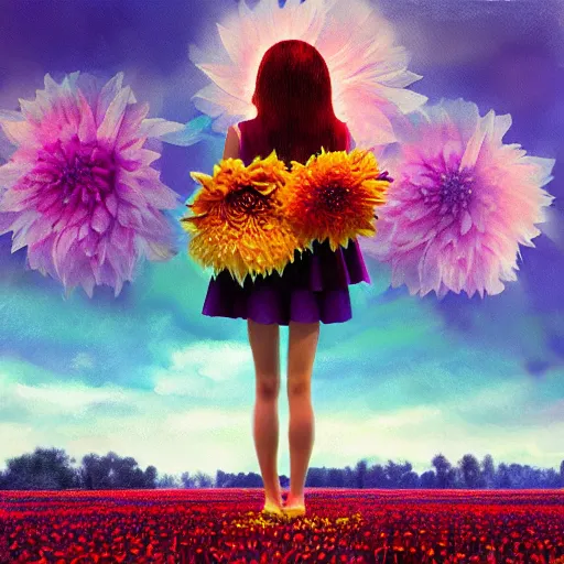 Image similar to giant dahlia flower as head, full body girl standing in a flower field, surreal photography, sunrise, dramatic light, impressionist painting, colorful clouds, digital painting, artstation, simon stalenhag