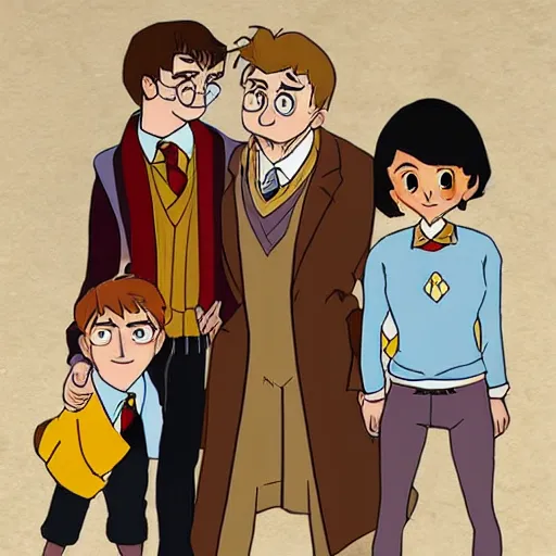 Prompt: Harry Potter, Ron and Hermiona in a DuckTales style