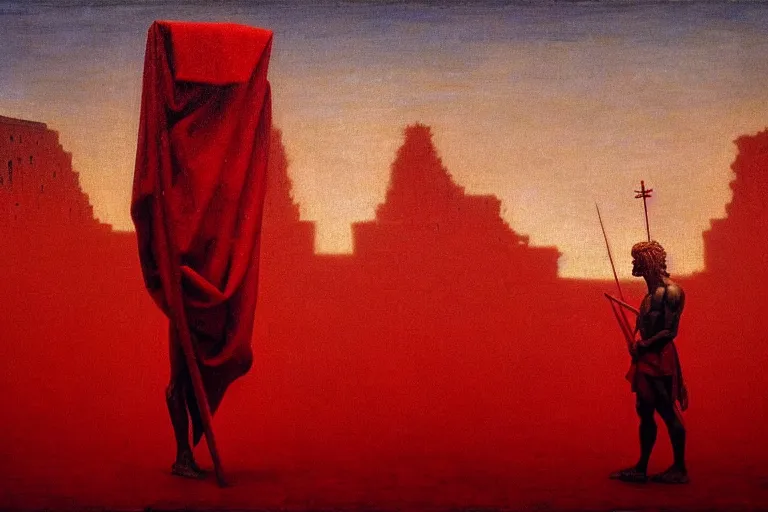 Image similar to only with red, caesar after win war, the deal, a red tiger, in hoc signo vinces, rome in background, an ancient path, in the style of beksinski, part by hopper, part by rodcenko, part by hofbauer, intricate composition, red by caravaggio, insanely quality, highly detailed, masterpiece, red light, artstation