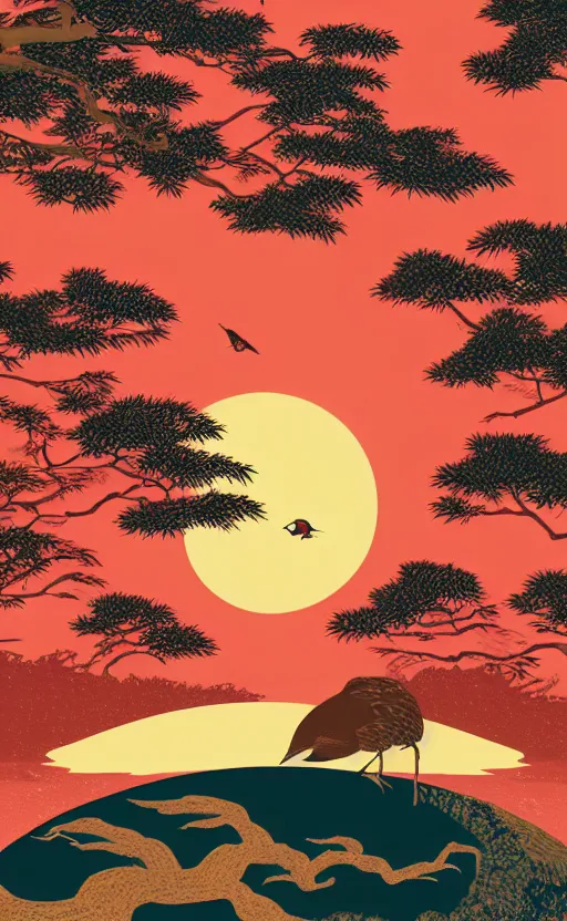 Image similar to hanafuda, huge grus japonensis looking around at a lake in the middle of japanese pines, a big red sun in the background, front game card, vector line art, trending on artstation, concept art, stunning, matte