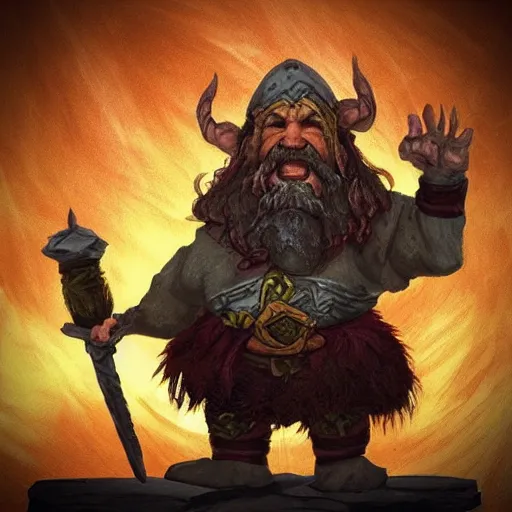 Prompt: “a dwarf cheering in victory, standing atop a pile of elf skulls, fiery background, fantasy.”