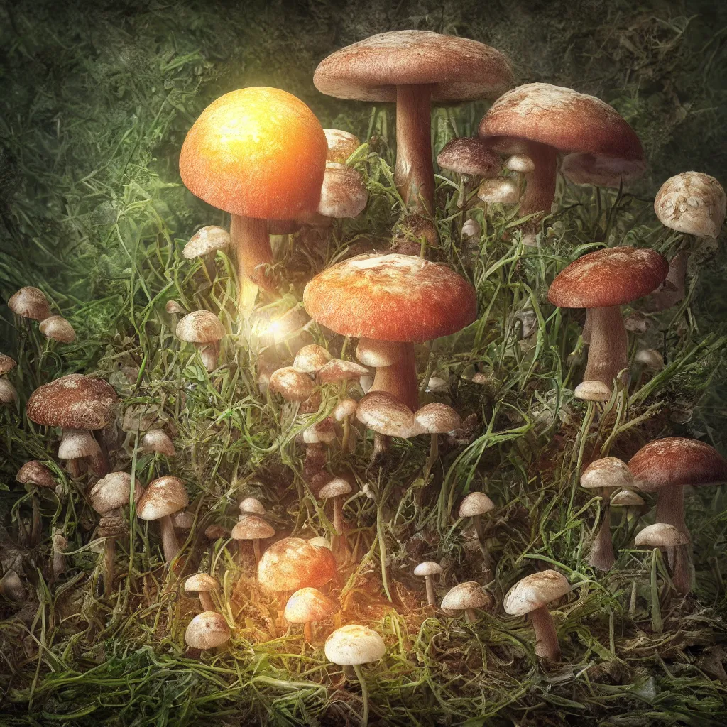 Image similar to 5 cm macro photo of mushroom growing in a spheroid forest, 3d render, nightlight Study, by Jan Davidsz de Heem and Lisa Frank, Art Nouveau, 8k, extreme detail, sharp focus, cinema 4d render